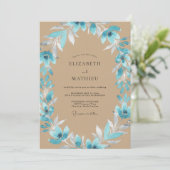 Aqua Bladerige Beige Bruiloft Kaart (Staand voorkant)