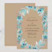 Aqua Bladerige Beige Bruiloft Kaart (Voorkant / Achterkant)