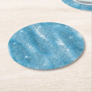 Aqua Blau Glinsterende Glitter Tropische Bladeren Ronde Kartonnen Onderzetter