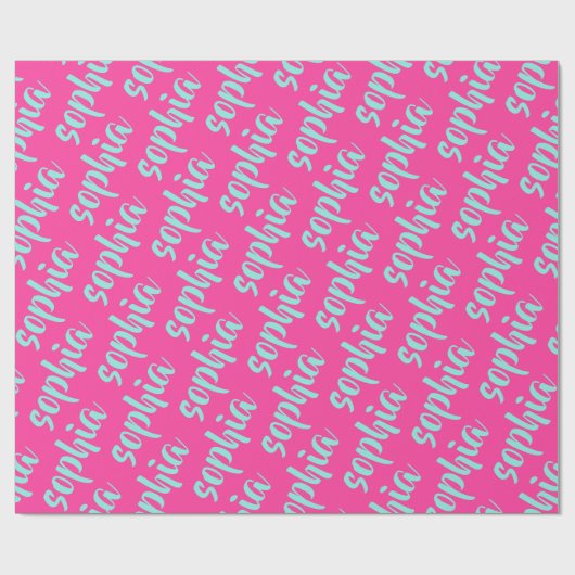 Aqua blauw aangepaste naam script vet heet roze cadeaupapier (Vlak)