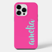 Aqua blauw aangepaste naam script vet heet roze iPhone hoesje (Achterkant)