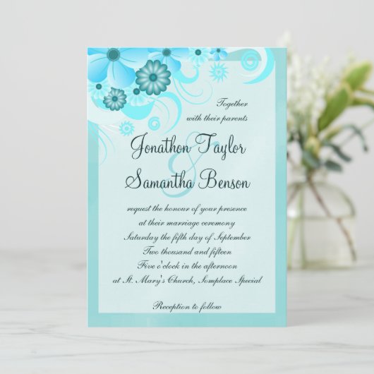 Aqua Blauw Blauwgroen Hibiscus Bloemenbruiloft Kaart (Staand voorkant)
