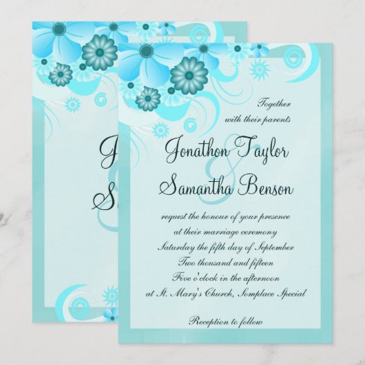 Aqua Blauw Blauwgroen Hibiscus Bloemenbruiloft Kaart (Voorkant / Achterkant)