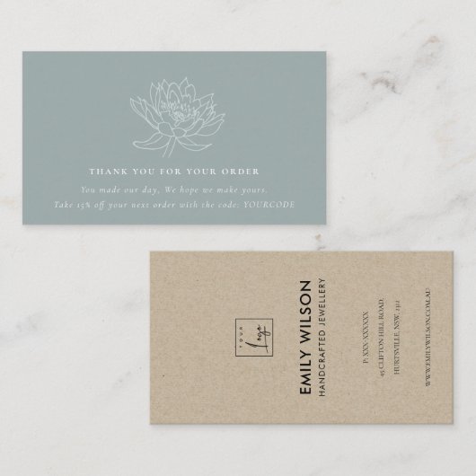 AQUA BLAUW BLAUWGROEN LOTUS FLORA LOGO DIE DANK DA VISITEKAARTJE (Voorkant / Achterkant)