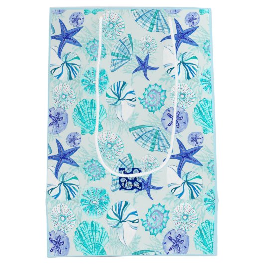 Aqua-blauw-blauwgroen waterverf seashell-w/douanen medium cadeauzakje (Achterkant)