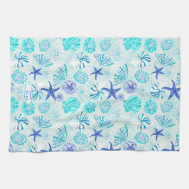 Aqua-blauw-blauwgroen waterverf seashell-w/douanen theedoek