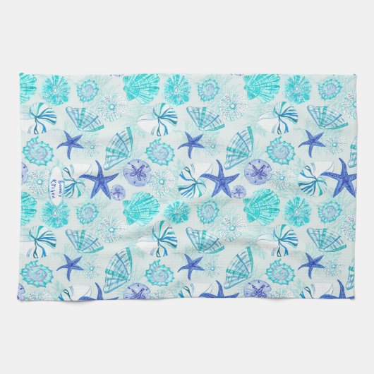 Aqua-blauw-blauwgroen waterverf seashell-w/douanen theedoek (Horizontaal)