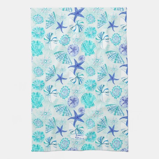 Aqua-blauw-blauwgroen waterverf seashell-w/douanen theedoek (Verticaal)