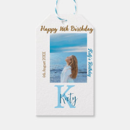 Aqua blauw bruin gelukkige 16e verjaardag foto naa cadeaulabel