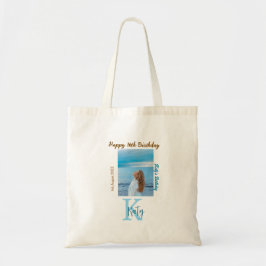 Aqua blauw bruin gelukkige 16e verjaardag foto naa tote bag