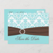 Aqua Blauw, Bruin, Wit Damask Save the Date Kaart (Voorkant / Achterkant)