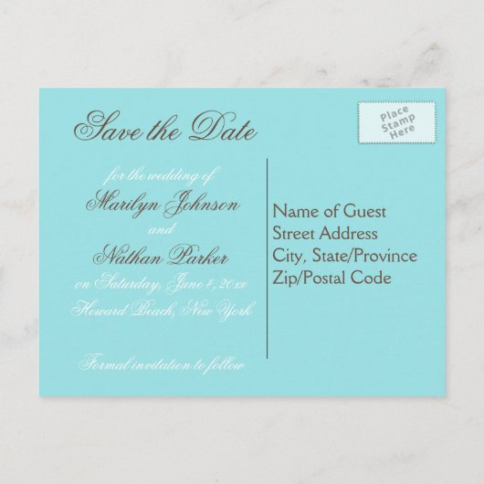Aqua Blauw, Bruin, Wit Damask Save the Date Kaart (Achterkant)