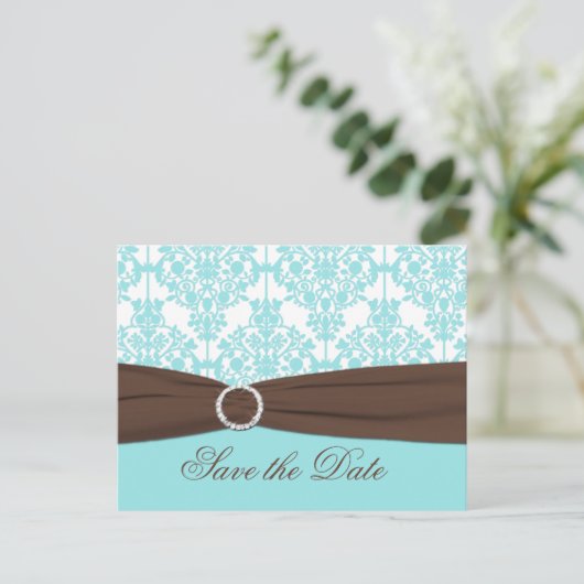 Aqua Blauw, Bruin, Wit Damask Save the Date Kaart (Staand voorkant)