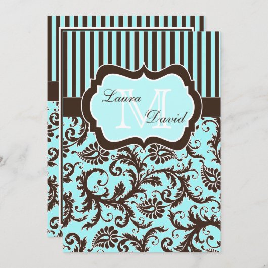 Aqua Blauw Bruin Wit Gestreept Damast Uitnodiging (Voorkant / Achterkant)