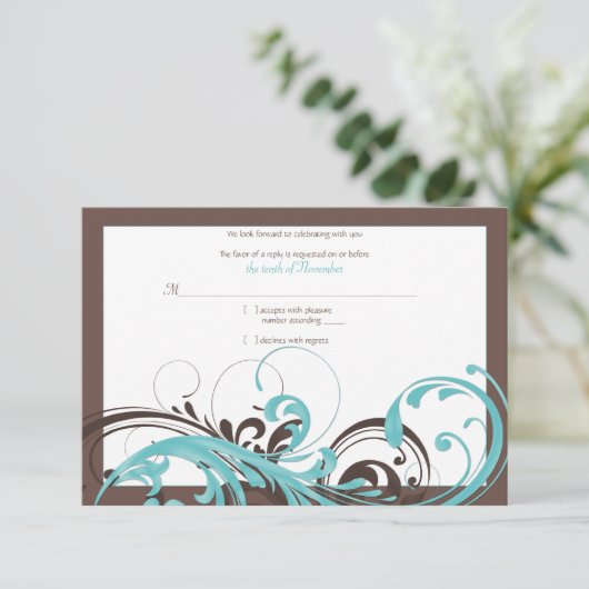 Aqua Blauw, Bruine Bloemen Huwelijksreactiekaart RSVP Kaartje (Staand voorkant)
