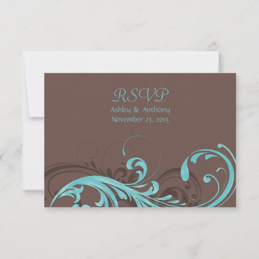Aqua Blauw, Bruine Bloemen Huwelijksreactiekaart RSVP Kaartje (Achterkant)