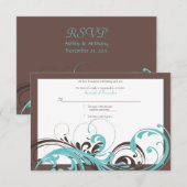 Aqua Blauw, Bruine Bloemen Huwelijksreactiekaart RSVP Kaartje (Voorkant / Achterkant)