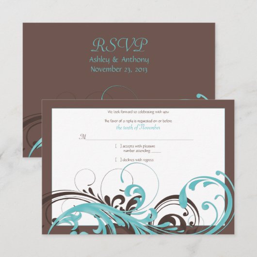 Aqua Blauw, Bruine Bloemen Huwelijksreactiekaart RSVP Kaartje (Voorkant / Achterkant)