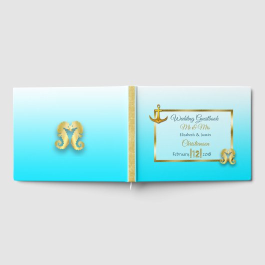 Aqua Blauw en Goud Hart Trouwboek Gastenboek (Volledig)