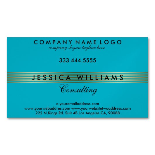 Aqua blauw en goud strepen patroon visitekaartje magneet (Voorkant)
