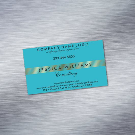 Aqua blauw en goud strepen patroon visitekaartje magneet (Voorbeeld)