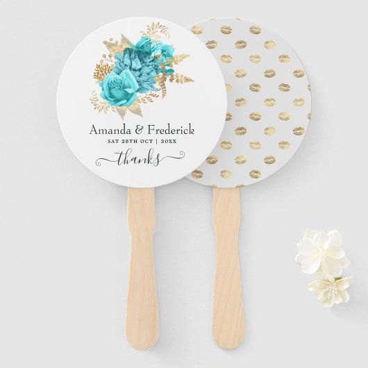Aqua blauw en gouden bloemen bruiloft handwaaier (Voorkant en achterkant)