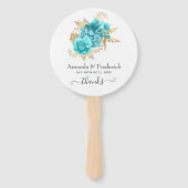 Aqua blauw en gouden bloemen bruiloft handwaaier (Voorkant)