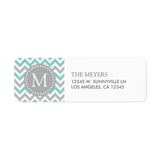 Aqua Blauw en Grijs Modern Chevron met Monogram Etiket (Voorkant)
