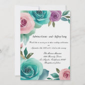 Aqua Blauw en Roze Waterverf Bloemen Rozen Bruilof Kaart (Voorkant)