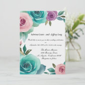 Aqua Blauw en Roze Waterverf Bloemen Rozen Bruilof Kaart (Staand voorkant)
