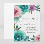 Aqua Blauw en Roze Waterverf Bloemen Rozen Bruilof Kaart (Voorkant / Achterkant)