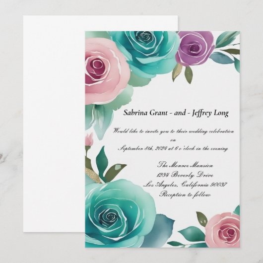 Aqua Blauw en Roze Waterverf Bloemen Rozen Bruilof Kaart (Voorkant / Achterkant)