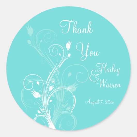 Aqua Blauw en Wit Bloemen Bruiloft Favor Ronde Sticker (Voorkant)
