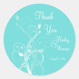 Aqua Blauw en Wit Bloemen Bruiloft Favor Ronde Sticker