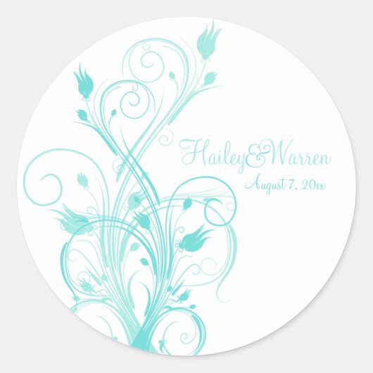 Aqua Blauw en Wit Bloemen Bruiloft Favor Sticker (Voorkant)