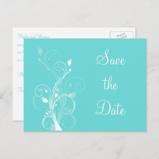 Aqua Blauw en Wit Bloemen Save the Date Post Kaart (Voorkant / Achterkant)