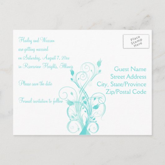 Aqua Blauw en Wit Bloemen Save the Date Post Kaart (Achterkant)