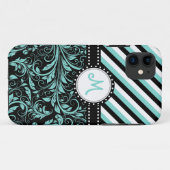 Aqua blauw en wit damast met strepen & monogram Case-Mate iPhone case (Achterkant (horizontaal))