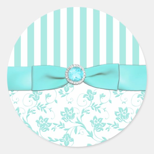 Aqua Blauw en Wit Gestreepte Bloemen Envelop Seal Ronde Sticker (Voorkant)