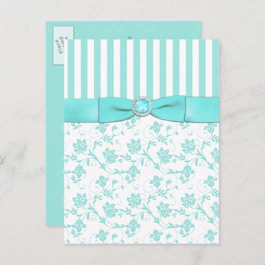 Aqua Blauw en Wit Gestreepte Bloemen RSVP Briefkaa Uitnodiging Briefkaart (Voorkant / Achterkant)