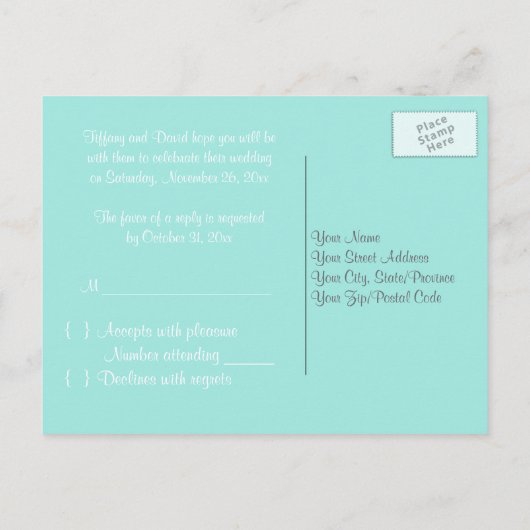 Aqua Blauw en Wit Gestreepte Bloemen RSVP Briefkaa Uitnodiging Briefkaart (Achterkant)
