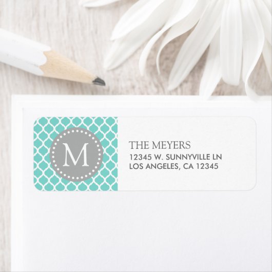 Aqua Blauw en Wit Marokkaans Patroon met Monogram Etiket (Insitu)