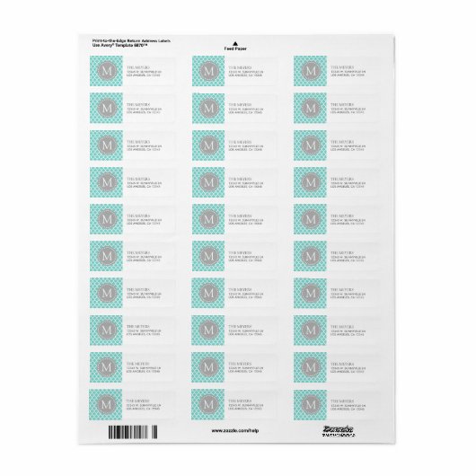 Aqua Blauw en Wit Marokkaans Patroon met Monogram Etiket (Full Sheet)