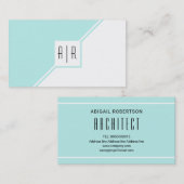 Aqua-blauw en wit modern monogram geometrisch visitekaartje (Voorkant / Achterkant)