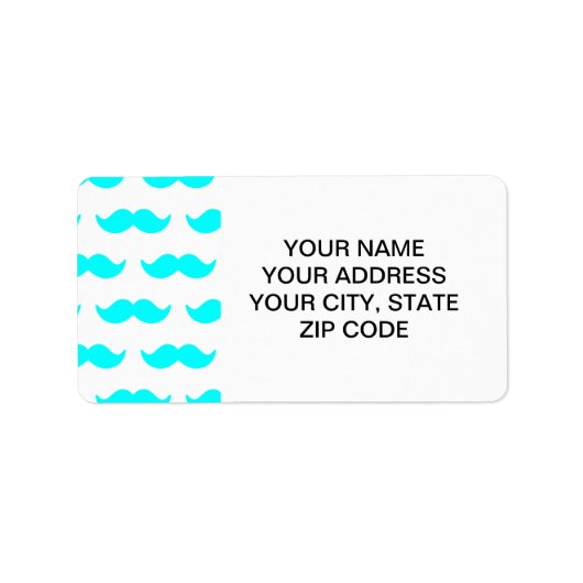 Aqua Blauw en Wit Mustache Patroon 1 Etiket (Voorkant)