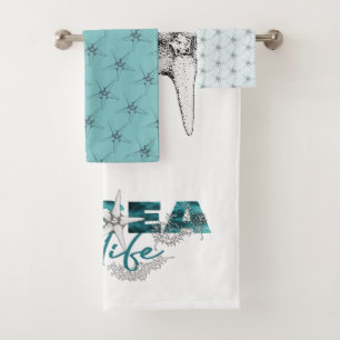 Aqua blauw en wit zee leven typografie zeester bad handdoek