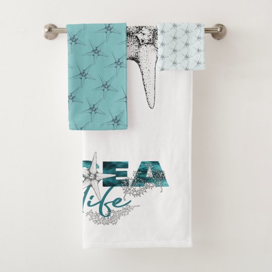 Aqua blauw en wit zee leven typografie zeester bad handdoek (Insitu)