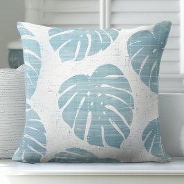 Aqua Blauw en Witte Palm Bladeren Sierkussen