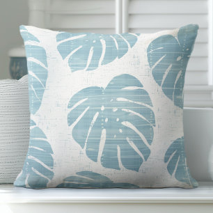 Aqua Blauw en Witte Palm Bladeren Sierkussen
