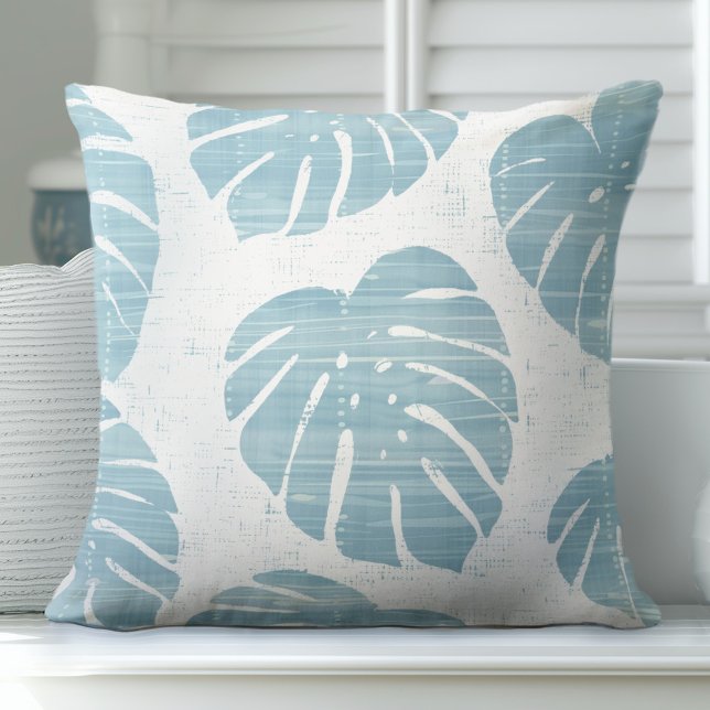 Aqua Blauw en Witte Palm Bladeren Sierkussen (Creator heeft geüpload)